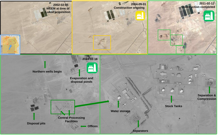 Figure 5.1.4: Active processing facilities at WEEM over time. Imagery at indicated dates,  Copyright © Maxar.
