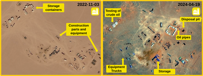 Figure 4.1.4: Developing testing and processing site in northwestern Area 82-4 in 2022 and 2024. Imagery shows numerous disassembled infrastructure parts and trucks likely transporting equipment to and from the area. It also shows increased signs of life