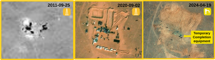 Imagery shows that drilling operations began at the developing well site in early 2011, halted later that year, and resumed in late 2020 (See Figure 4.1.3). This coincides with Libya Herald reports saying Tatneft completed drilling at the B-82 well in 202