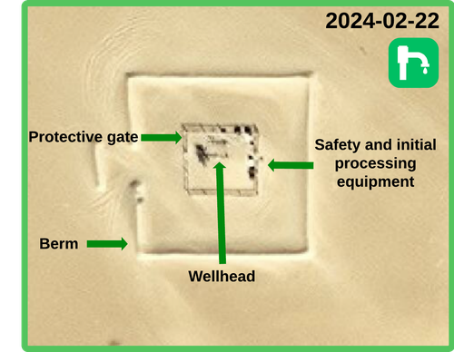 Figure 4.2.2: Active well site in As-Sarah in 2024. A perimeter berm protects the surrounding area from an accident, while the gate protects the wellhead. Extraction infrastructure includes the wellhead, pipes, and valves. Initial processing and accident