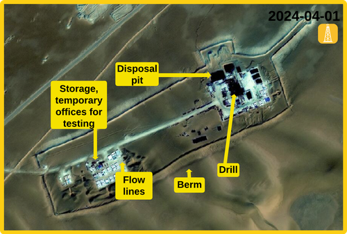 Figure 3.1.8: Another drilling site in southern El-Assel in 2024 with annotated infrastructure components. Copyright © Maxar 2024.