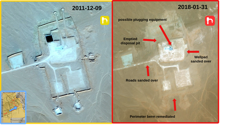 Figure 3.2.2: Well site in 245-South that was undergoing development in 2011, and inactive in 2018. Images from Wayback Imagery.