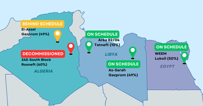 Figure 1.1: The 5 Russian-backed facilities analyzed in this study, their schedule classification, and Russia's percentage of project ownership. Source: Original work by author.