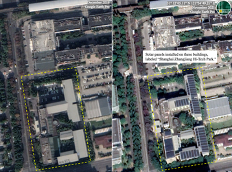 Figure 17: Solar panels installed on a series of buildings, labeled “Shanghai Zhangjiang Hi-Tech Park” on open source data maps.