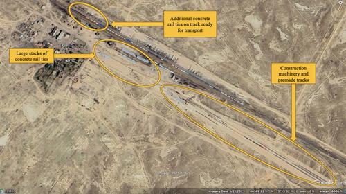 Orta Deresin supply depot site on May 21, 2023 via Google Earth.  The site now features concrete rail ties, premade tracks, and construction machinery. Coordinates  46°49'29.94