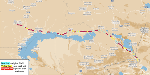 Map showing the DMR route, new track and sand laid, as well as regional borders. Original work compiled by the authors from imagery analysis, mapping base from Google Earth.