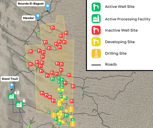 Figure 3.1.1: Overview of well and processing facility activity levels in the El-Assel contract area as of March 2024. Base Map: Landsat-8, March 2024.