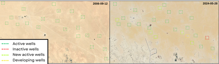 Figure 4.2.5: Example of 20 well sites before and after Gazprom joined the As-Sarah project, in 206 and 2024. Of the 20 active well sites that were operational in 2006, one was decommissioned and one is under development by May 2024. By 2024, 5 new wells