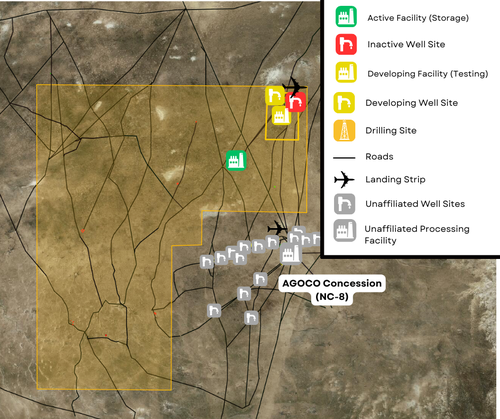 Figure 4.1.1: Overview of well and processing facility activity levels in Area 82-4 as of 2024. Landsat-8 April, 2024.