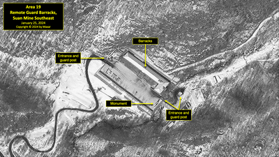 A satellite image of remote guard barracks southeast of Suan Mine in North Korea's political prison camp (kwan-li-so) No. 18