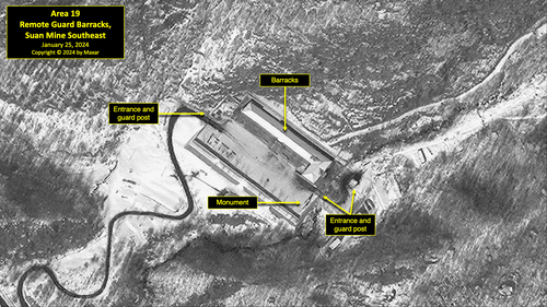 A satellite image of remote guard barracks southeast of Suan Mine in North Korea's political prison camp (kwan-li-so) No. 18