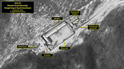 A satellite image of remote guard barracks south of Pongch'ang-ni in North Korea's political prison camp (kwan-li-so) No. 18