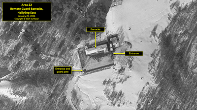 A satellite image of remote guard barracks east of Hallyŏng-ni in North Korea's political prison camp (kwan-li-so) No. 18