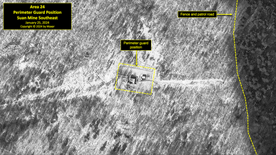 A satellite image of a perimeter guard position near Suan Mine in North Korea's political prison camp (kwan-li-so) No. 18