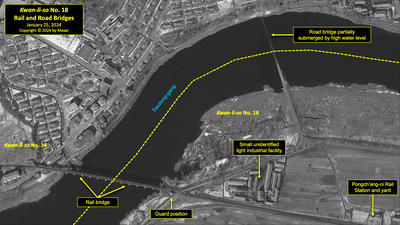 A satellite image of road and rail bridges entering North Korea's political prison camp (kwan-li-so) No. 18