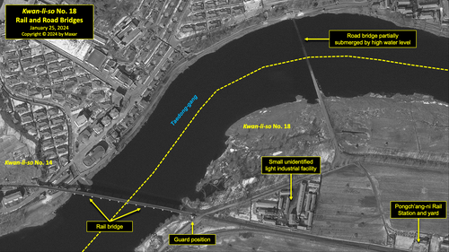 A satellite image of road and rail bridges entering North Korea's political prison camp (kwan-li-so) No. 18