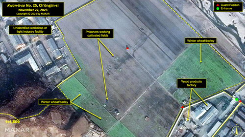 A view of the cultivated fields on the north side of the main prison being worked by prisoners, November 22, 2023 (Copyright © 2024 by Maxar)