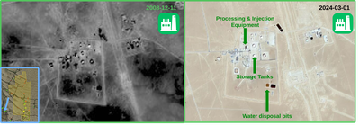 Figure 3.1.6: Second processing facility in Southern El-Assel handling water injection and additional processing in 2008 and 2024, imagery at indicated dates. Copyright © Maxar.