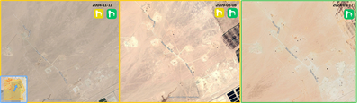 Figure 5.1.3: Wells in the northern region of WEEM throughout Lukoil’s contract, imagery at indicated dates from Google Earth.